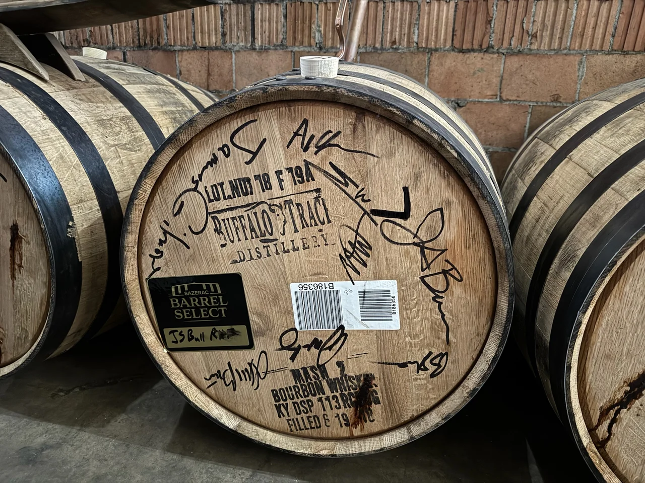 A signed JS Bull Reserve selection barrel bearing the Buffalo Trace distillery stamp.