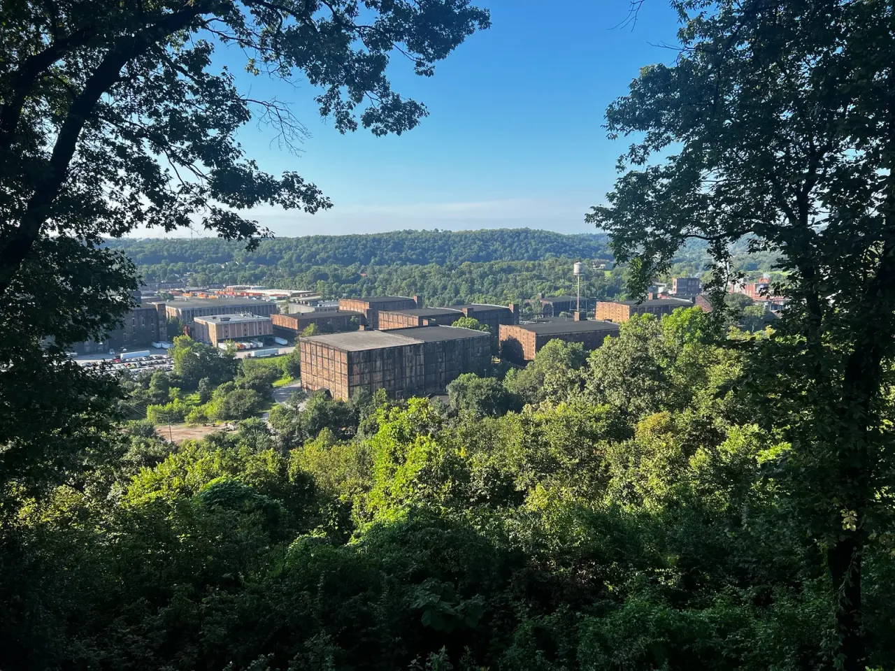 Buffalo Trace distillery buildings nestled in the green Kentucky landscape.