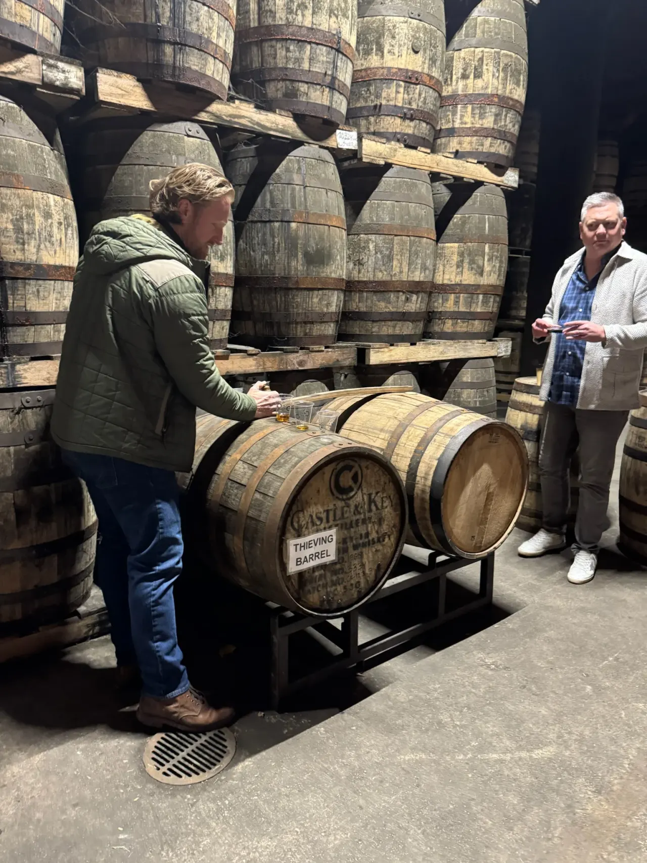 Barrel samples being poured in the Castle & Key rickhouse.